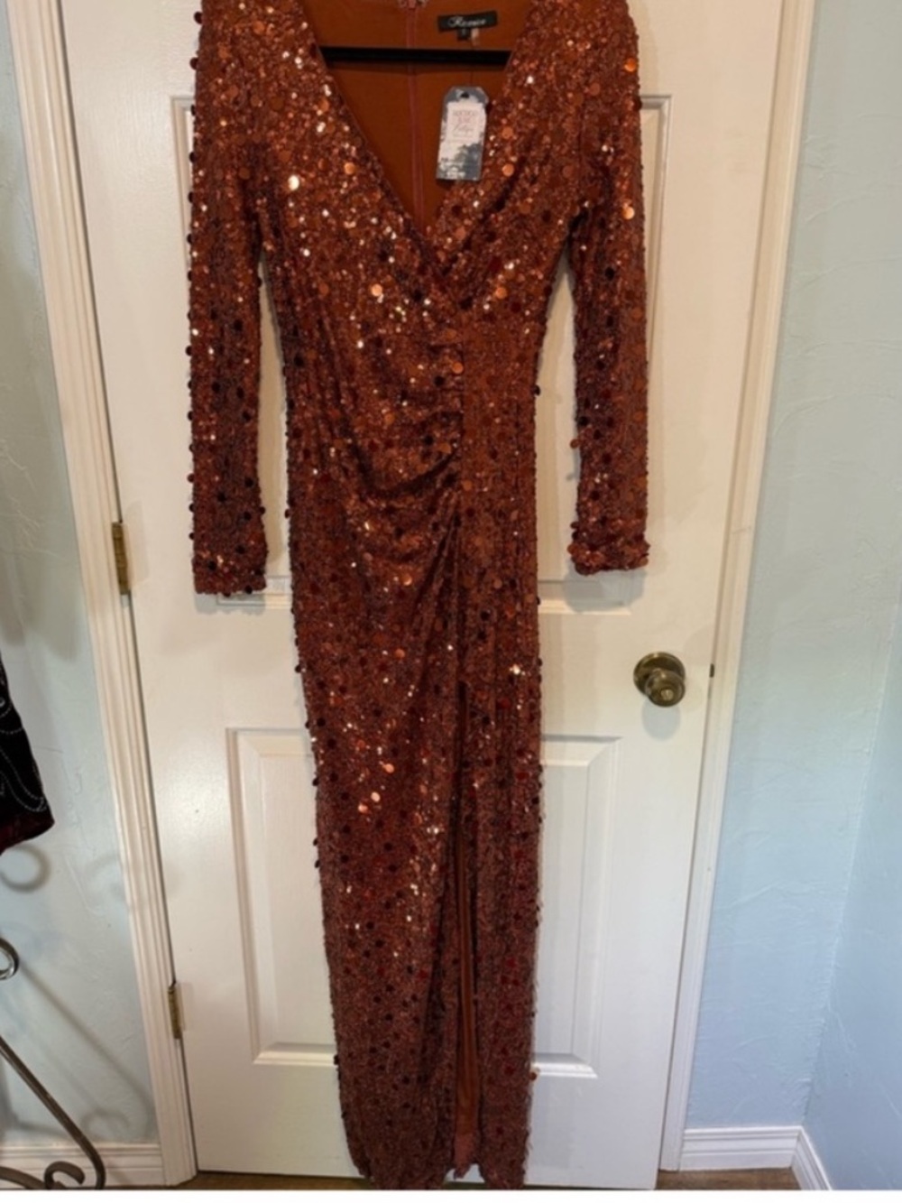 NWT Formal gown dress Long Sleeve Copper Sequin Maxi sequin bodycon mob party XS